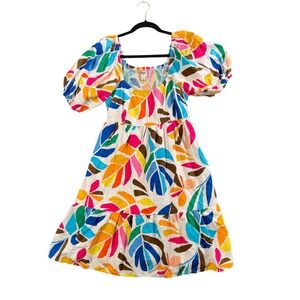 Tabitha Brown Leaf Print Mini Dress M Puff Sleeve Cottagecore Colorful Whimsical